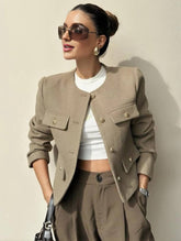 Aurohaya Tweed Court Blazer for Women Round Collar Short Jacket with Buttons & Pockets